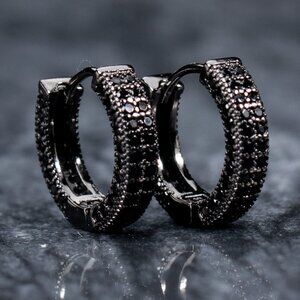 Mens Punk Rock Black Plated Iced Black Onyx Cz Huggie Hoop Earrings